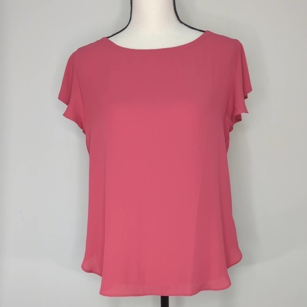 LOFT Womens Blouse Hi-Lo Short Ruffle Sleeve Cut-Out Back Round Neck Pink S
